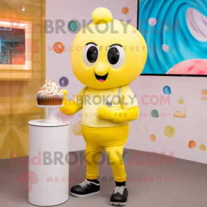 Lemon Yellow Cupcake mascot costume character dressed with a Capri Pants and Smartwatches