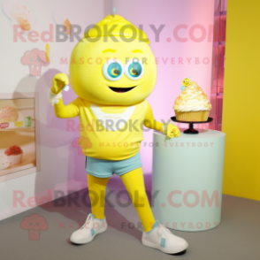 Lemon Yellow Cupcake mascot costume character dressed with a Capri Pants and Smartwatches