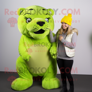 Lime Green Smilodon mascot costume character dressed with a Culottes and Beanies