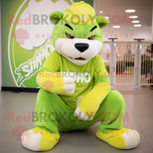 Lime Green Smilodon mascot costume character dressed with a Culottes and Beanies