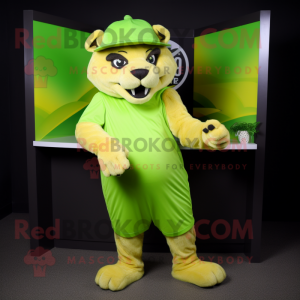 Lime Green Smilodon mascot costume character dressed with a Culottes and Beanies