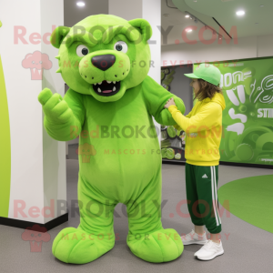 Lime Green Smilodon mascot costume character dressed with a Culottes and Beanies