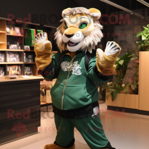 Forest Green Saber-Toothed Tiger mascot costume character dressed with a Sweatshirt and Brooches