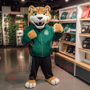 Forest Green Saber-Toothed Tiger mascot costume character dressed with a Sweatshirt and Brooches