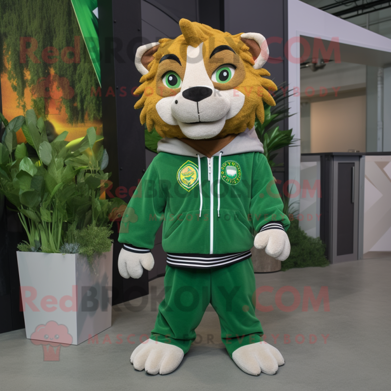 Forest Green Saber-Toothed Tiger mascot costume character dressed with a Sweatshirt and Brooches