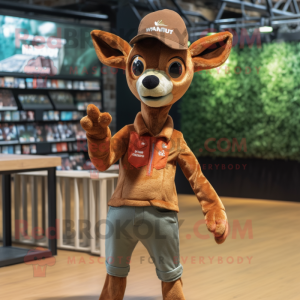 Rust Roe Deer mascot costume character dressed with a Skinny Jeans and Caps