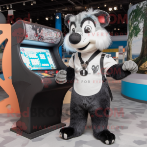 Gray Skunk mascot costume character dressed with a Button-Up Shirt and Mittens