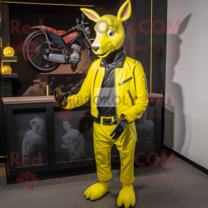 Lemon Yellow Donkey mascot costume character dressed with a Biker Jacket and Wallets