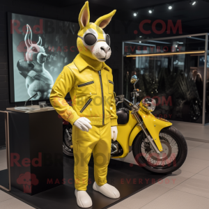 Lemon Yellow Donkey mascot costume character dressed with a Biker Jacket and Wallets