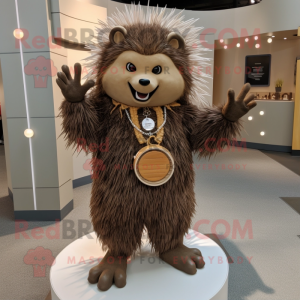 Brown Porcupine mascot costume character dressed with a Corduroy Pants and Rings