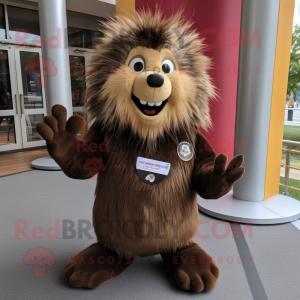 Brown Porcupine mascot costume character dressed with a Corduroy Pants and Rings