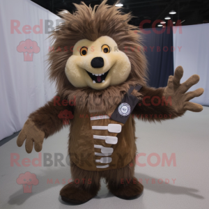 Brown Porcupine mascot costume character dressed with a Corduroy Pants and Rings