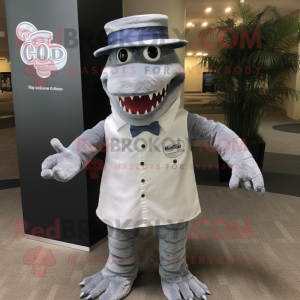 Gray Crocodile mascot costume character dressed with a Dress Shirt and Hat pins