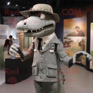 Gray Crocodile mascot costume character dressed with a Dress Shirt and Hat pins