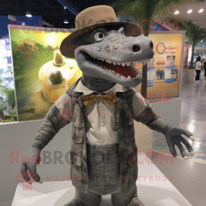 Gray Crocodile mascot costume character dressed with a Dress Shirt and Hat pins
