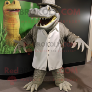 Gray Crocodile mascot costume character dressed with a Dress Shirt and Hat pins