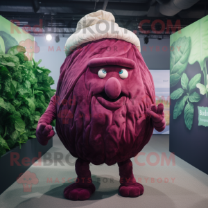 Maroon Cabbage mascot costume character dressed with a Playsuit and Caps