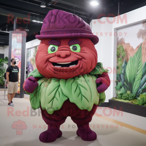 Maroon Cabbage mascot costume character dressed with a Playsuit and Caps