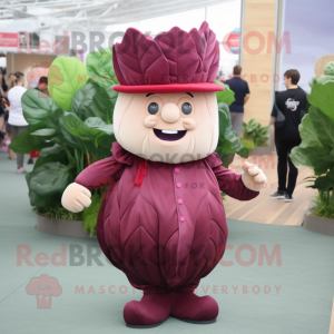 Maroon Cabbage mascot costume character dressed with a Playsuit and Caps