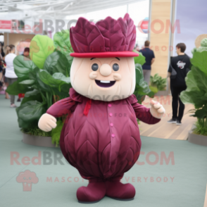 Maroon Cabbage mascot costume character dressed with a Playsuit and Caps