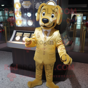 Gold Dog mascot costume character dressed with a Suit Jacket and Coin purses