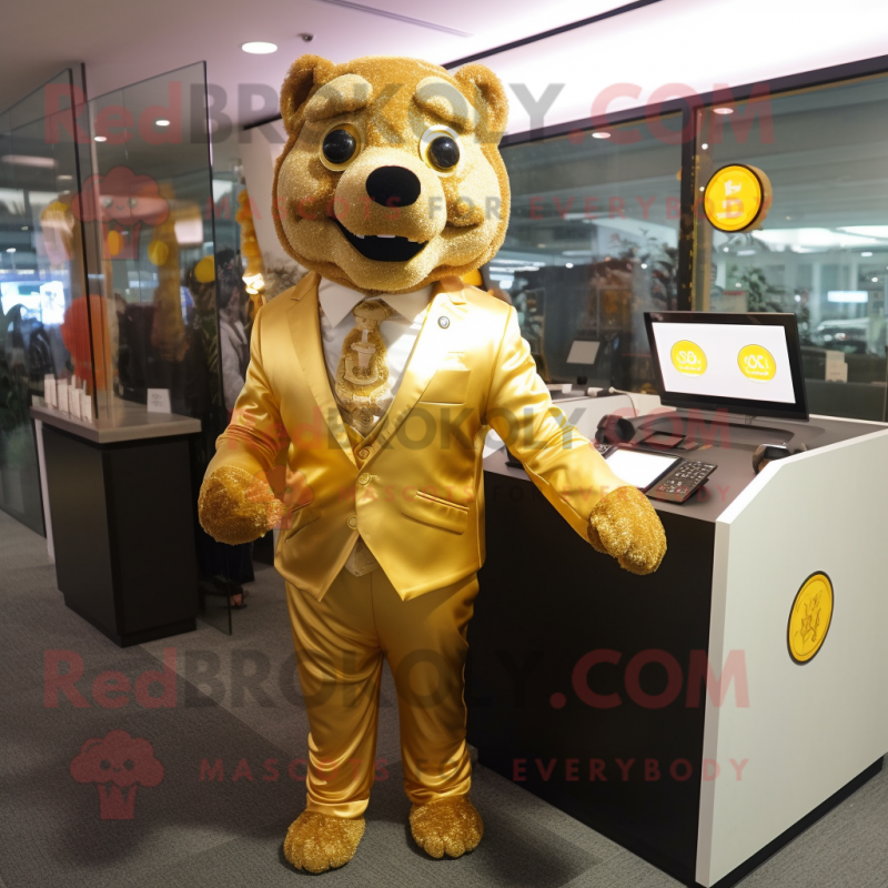 Gold Dog mascot costume character dressed with a Suit Jacket and Coin purses Gold Dog mascot costume character dressed with a Suit Jacket and Coin purses