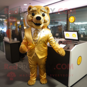 Gold Dog mascot costume character dressed with a Suit Jacket and Coin purses