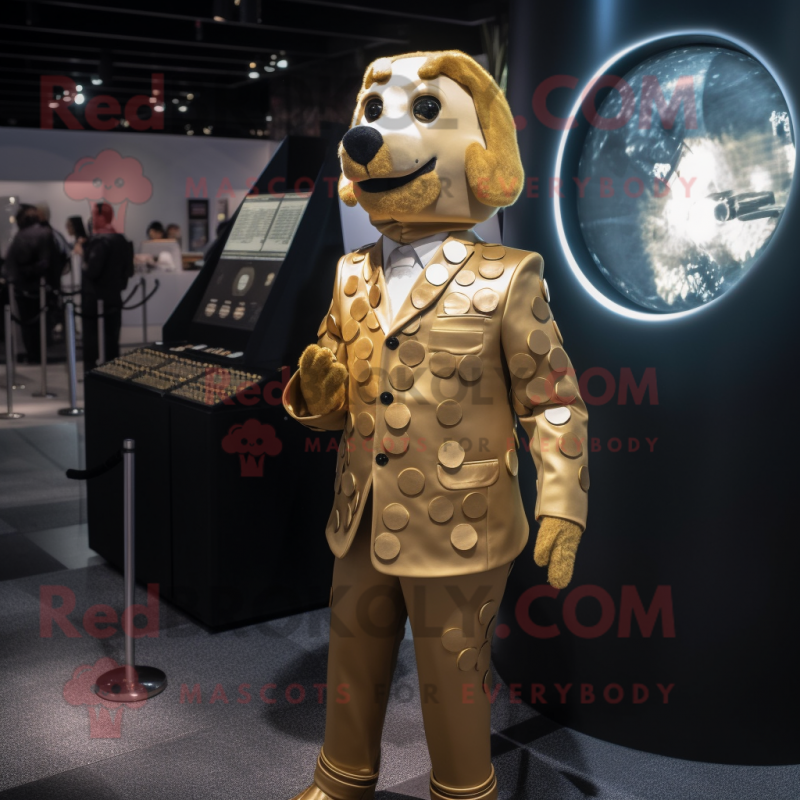 Gold Dog mascot costume character dressed with a Suit Jacket and Coin purses