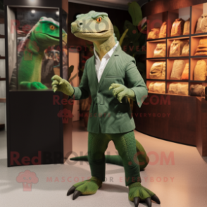 Forest Green Komodo Dragon mascot costume character dressed with a Dress Shirt and Shoe clips