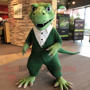 Forest Green Komodo Dragon mascot costume character dressed with a Dress Shirt and Shoe clips