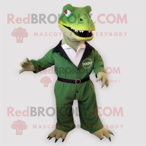 Forest Green Komodo Dragon mascot costume character dressed with a Dress Shirt and Shoe clips