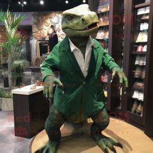 Forest Green Komodo Dragon mascot costume character dressed with a Dress Shirt and Shoe clips