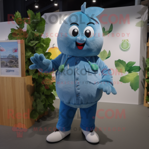 Cyan Plum mascot costume character dressed with a Denim Shorts and Mittens