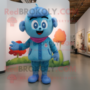 Cyan Plum mascot costume character dressed with a Denim Shorts and Mittens