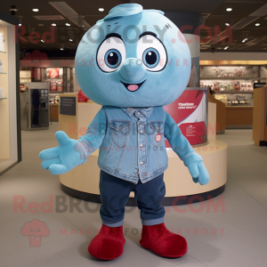 Cyan Plum mascot costume character dressed with a Denim Shorts and Mittens