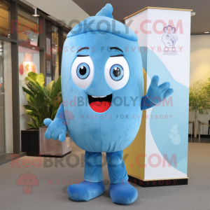 Cyan Plum mascot costume character dressed with a Denim Shorts and Mittens