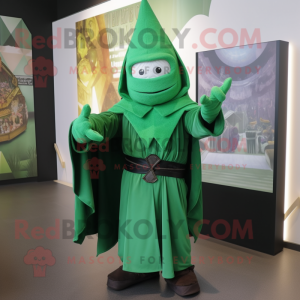 Green Wizard mascot costume character dressed with a Trousers and Shawl pins