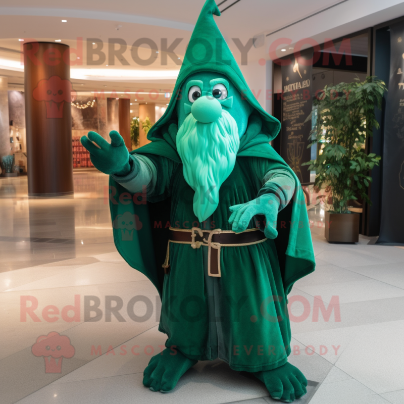 Green Wizard mascot costume character dressed with a Trousers and Shawl pins