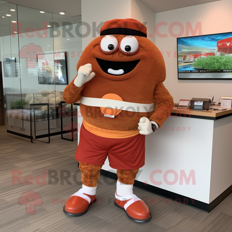 Rust Hamburger mascot costume character dressed with a Bermuda Shorts and Bracelet watches Rust Hamburger mascot costume character dressed with a Bermuda Shorts and Bracelet watches