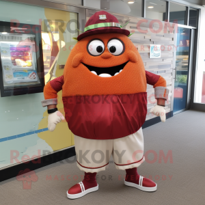 Rust Hamburger mascot costume character dressed with a Bermuda Shorts and Bracelet watches