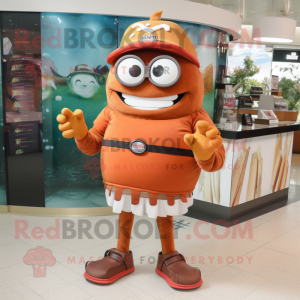 Rust Hamburger mascot costume character dressed with a Bermuda Shorts and Bracelet watches