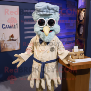 Cream Fried Calamari mascot costume character dressed with a Chambray Shirt and Lapel pins
