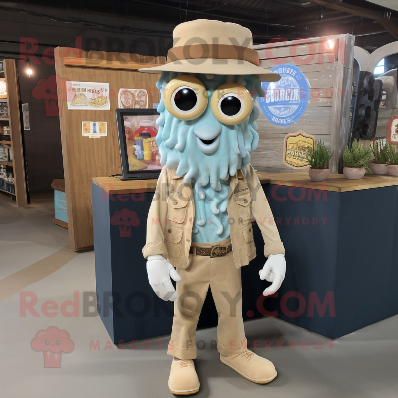 Cream Fried Calamari mascot costume character dressed with a Chambray Shirt and Lapel pins