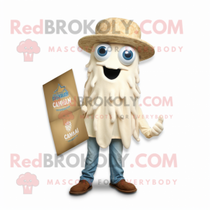 Cream Fried Calamari mascot costume character dressed with a Chambray Shirt and Lapel pins