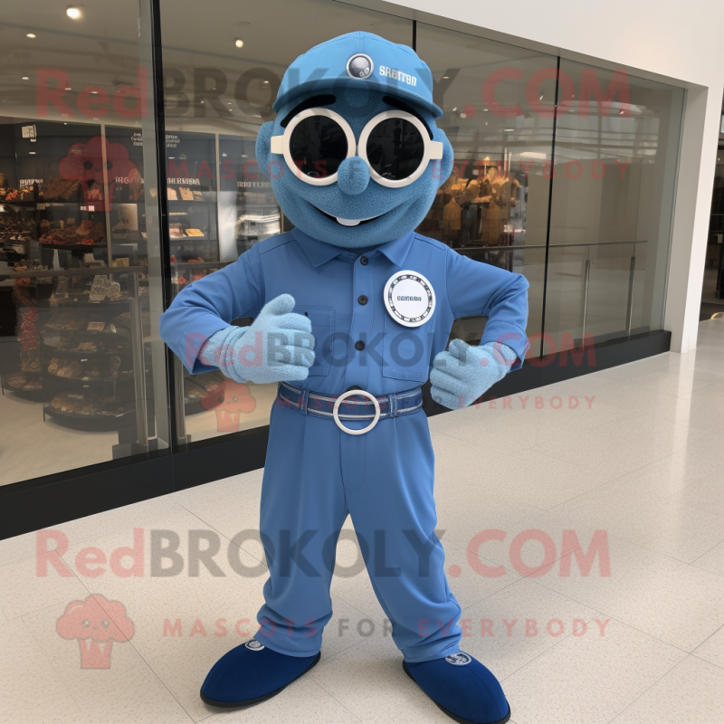 Blue Wrist Watch mascot costume character dressed with a Jumpsuit and Reading glasses