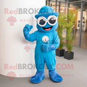 Blue Wrist Watch mascot costume character dressed with a Jumpsuit and Reading glasses