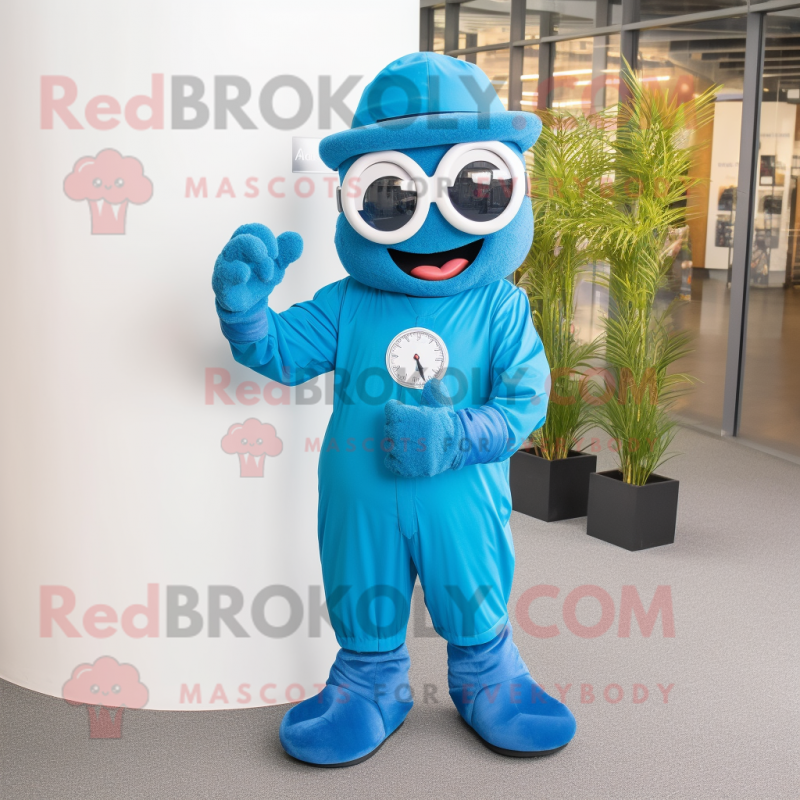 Blue Wrist Watch mascot costume character dressed with a Jumpsuit and Reading glasses Blue Wrist Watch mascot costume character dressed with a Jumpsuit and Reading glasses
