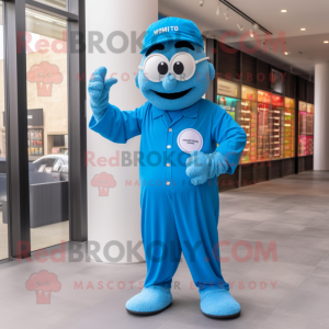 Blue Wrist Watch mascot costume character dressed with a Jumpsuit and Reading glasses