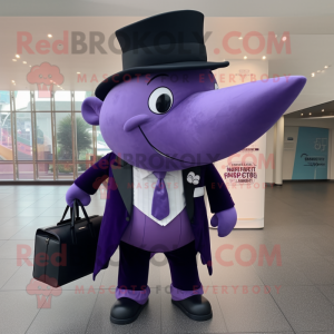 Purple Whale mascot costume character dressed with a Tuxedo and Tote bags