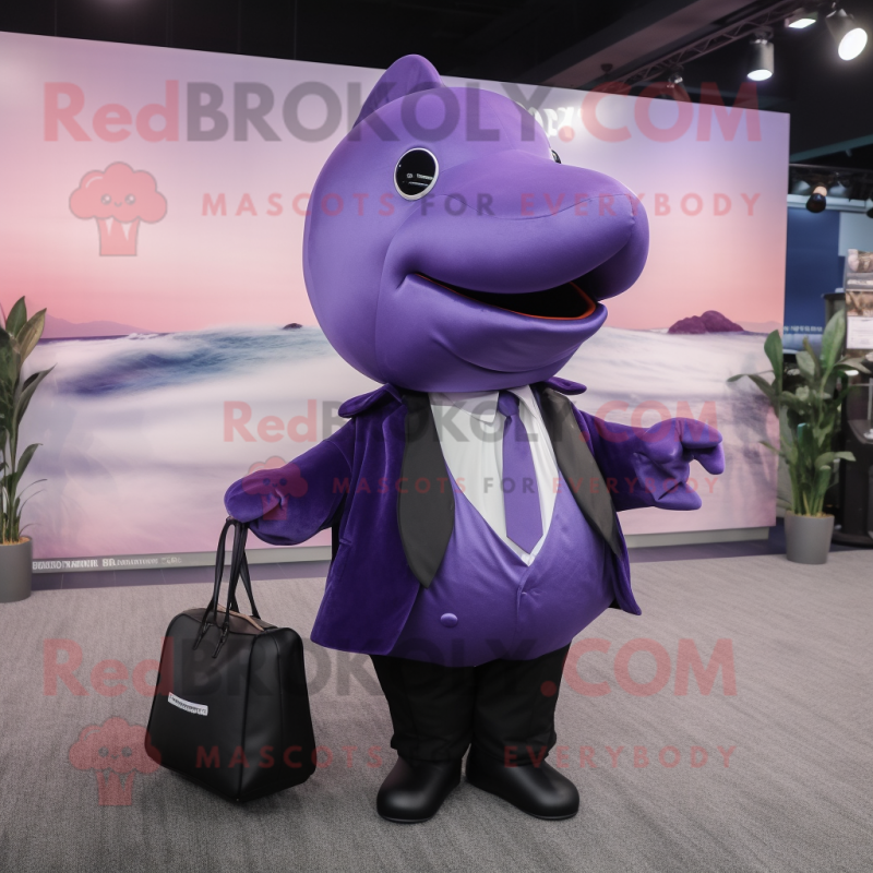 Purple Whale mascot costume character dressed with a Tuxedo and Tote bags Purple Whale mascot costume character dressed with a Tuxedo and Tote bags
